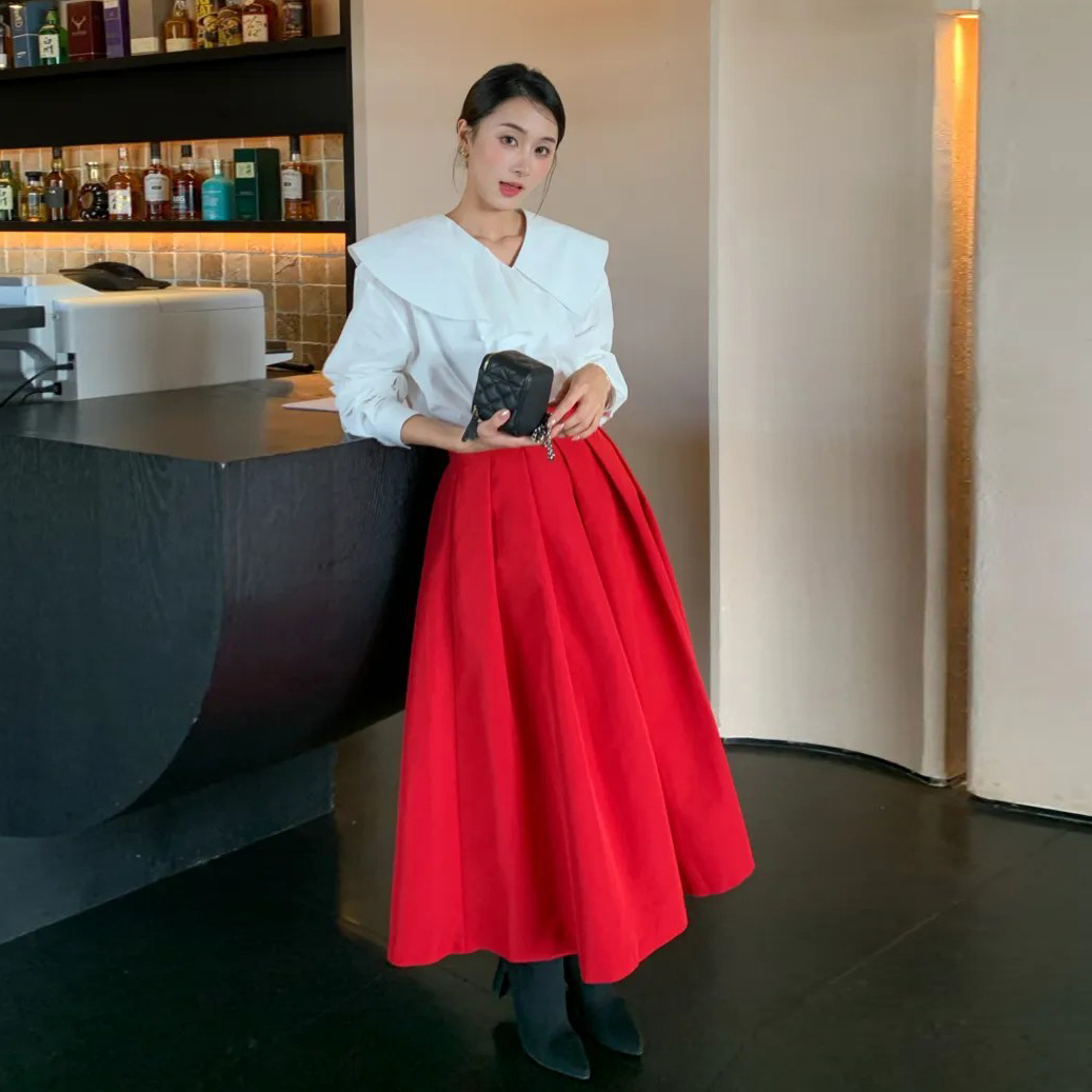 巴黎女子大紅色A字傘擺百摺裙長裙-S-L (Elegant & Love)