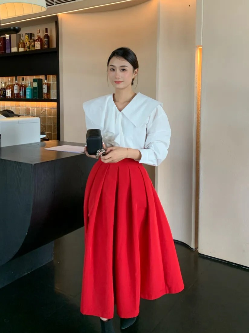 巴黎女子大紅色A字傘擺百摺裙長裙-S-L (Elegant & Love)