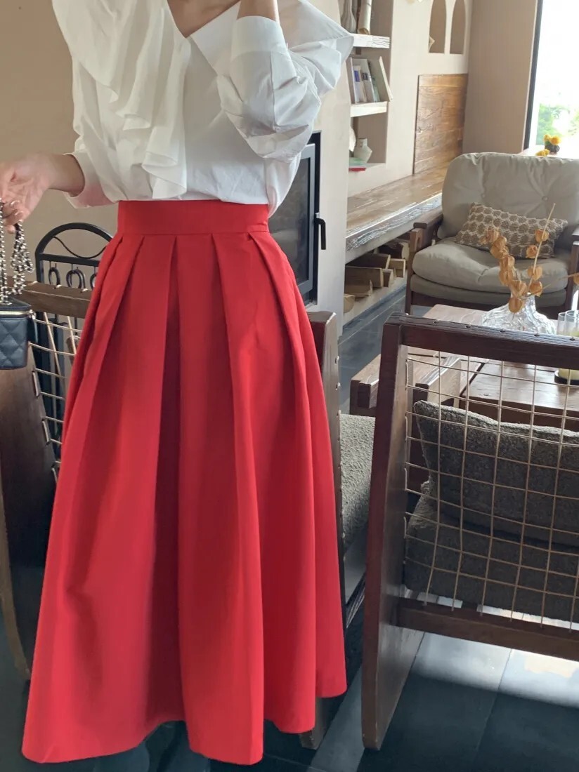 巴黎女子大紅色A字傘擺百摺裙長裙-S-L (Elegant & Love)