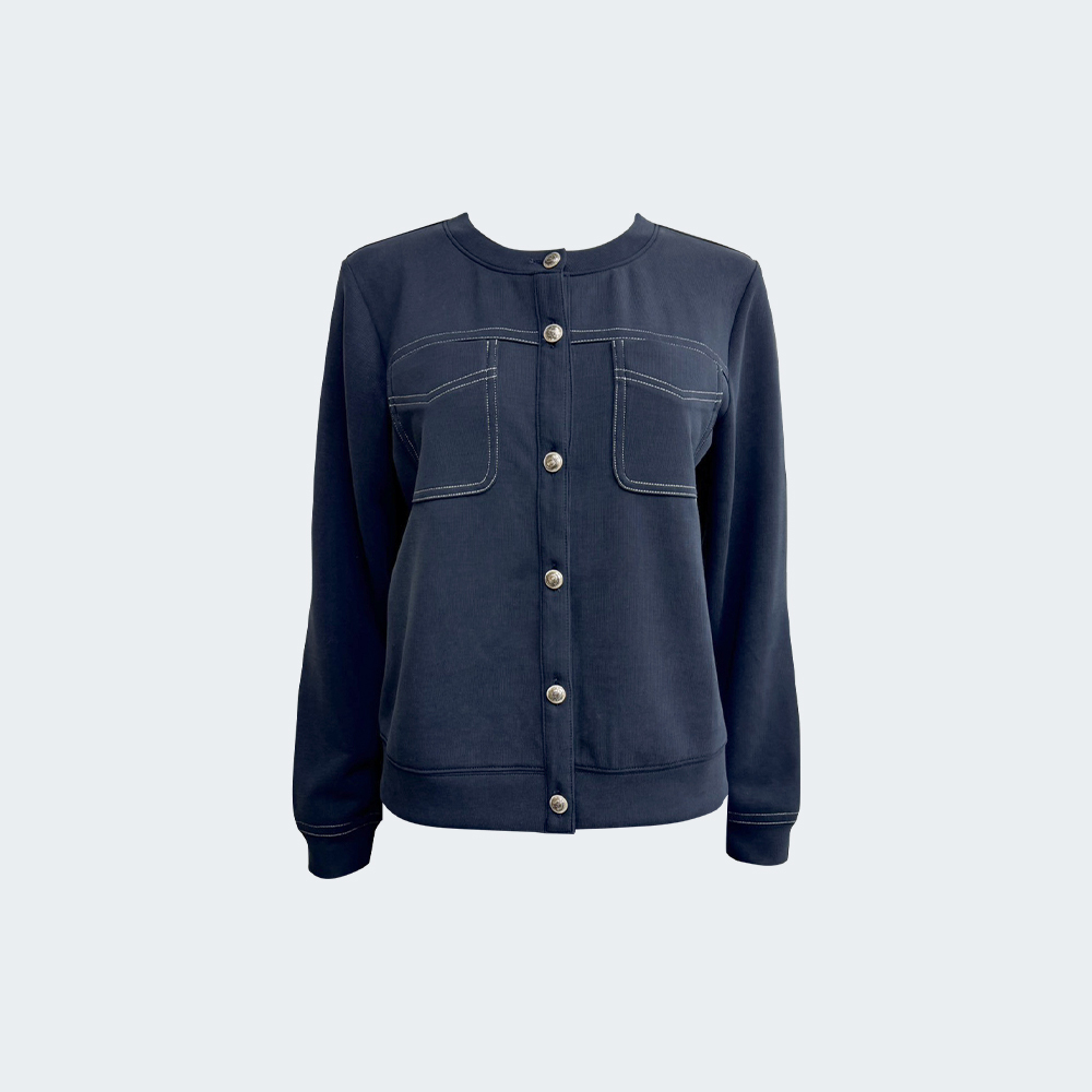 雙口袋線條感圓領釦式上衣外套