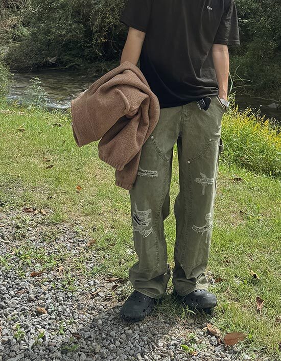 雙膝破洞工裝褲