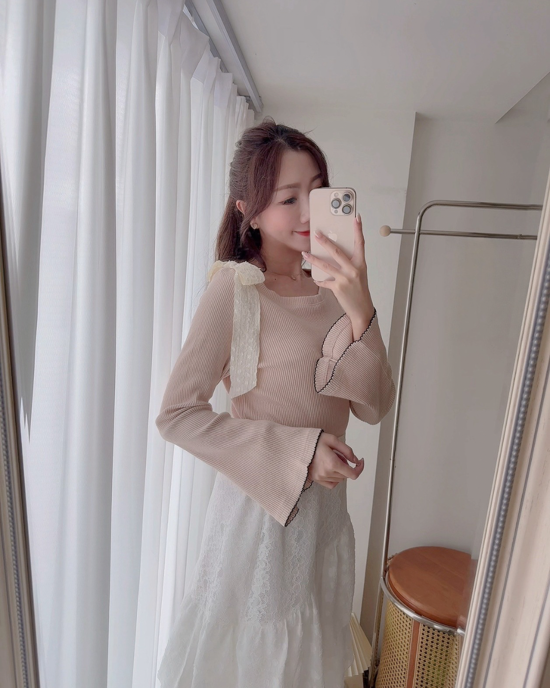 *BJ2 MADE SERIES* Ribbon Muse Elegant Flare-Sleeve Textured Knit Top LIVE 1004