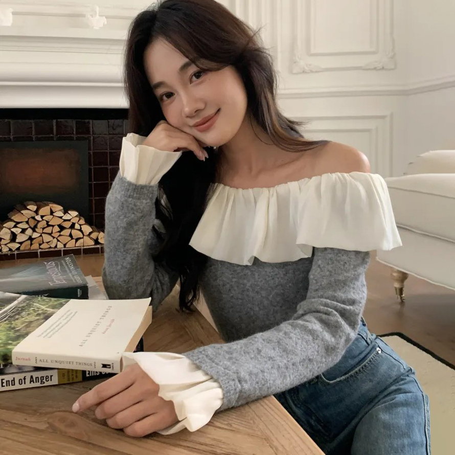露肩一字領荷葉滾邊灰色系羊毛上衣-F (Elegant & Love)