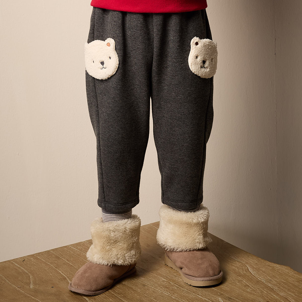 PIPPY可愛小熊口袋內刷毛鬆緊長褲 灰