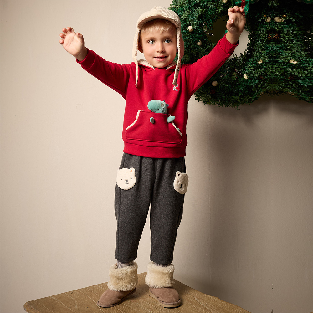 PIPPY可愛小熊口袋內刷毛鬆緊長褲 灰