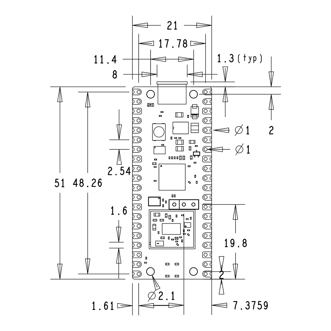 Raspberry Pi Pico 2 W,尺寸規格
