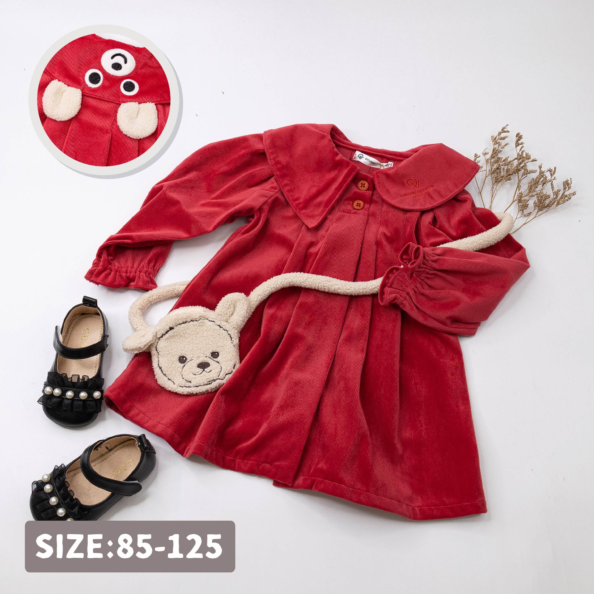 范侖鐵諾【52535】經典立體熊耳朵燈芯絨洋裝(附小包)