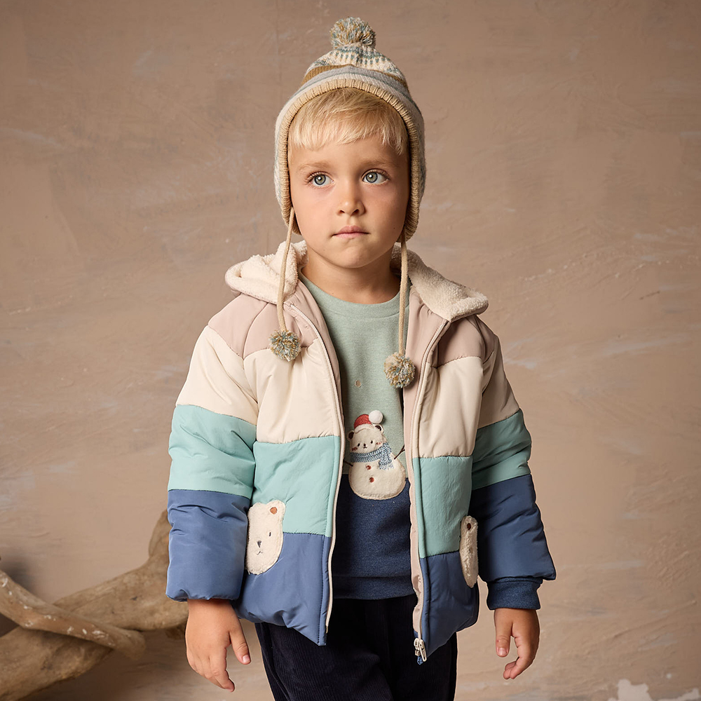 PIPPY 俏皮條紋可愛小熊造型口袋連帽鋪棉外套 藍