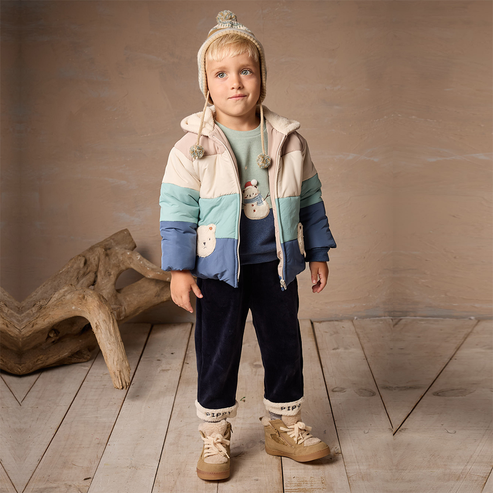 PIPPY 俏皮條紋可愛小熊造型口袋連帽鋪棉外套 藍