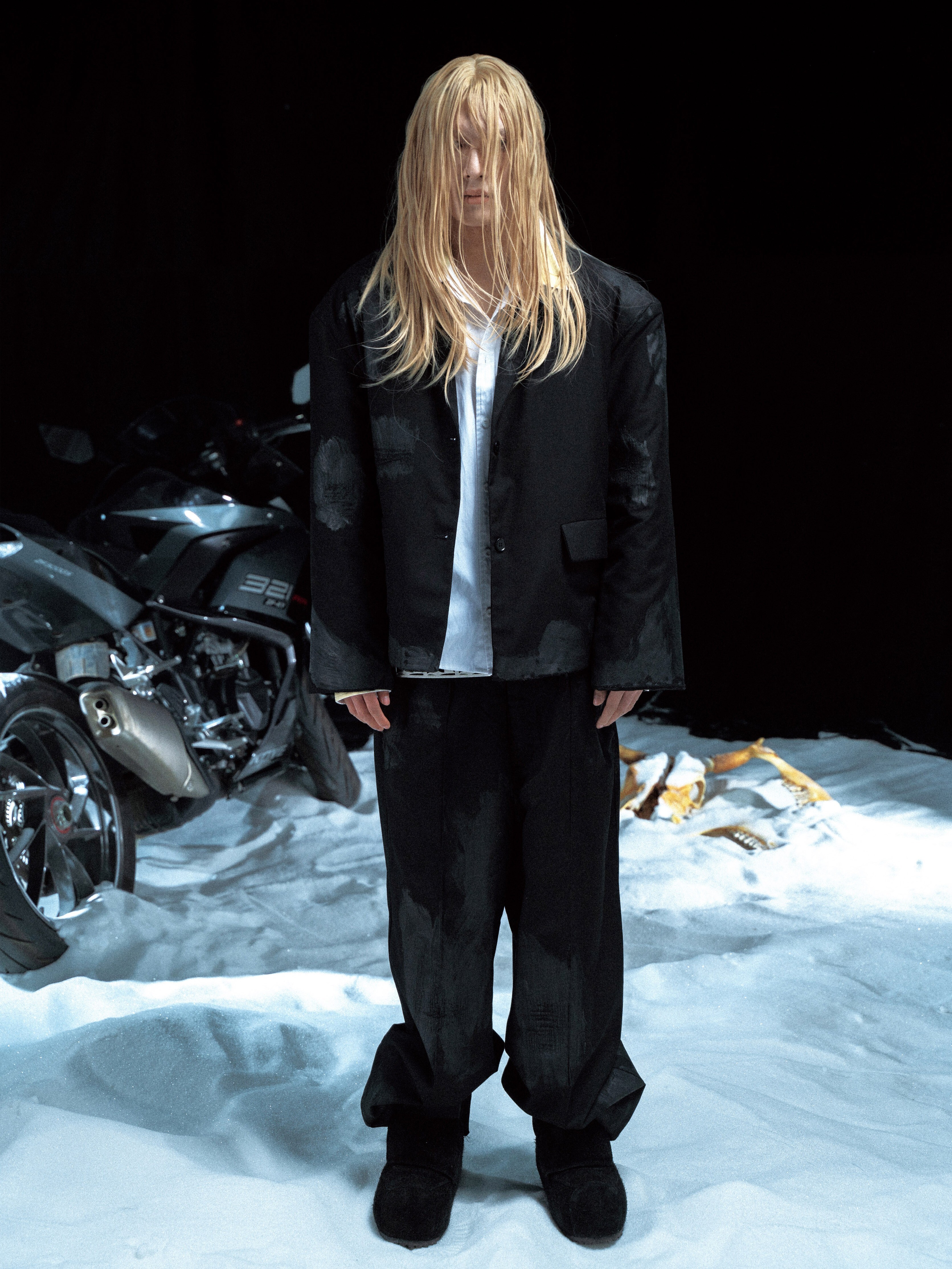 PCCVISION 3MAN0N Double waist distressed dirty dyed loose suit trousers