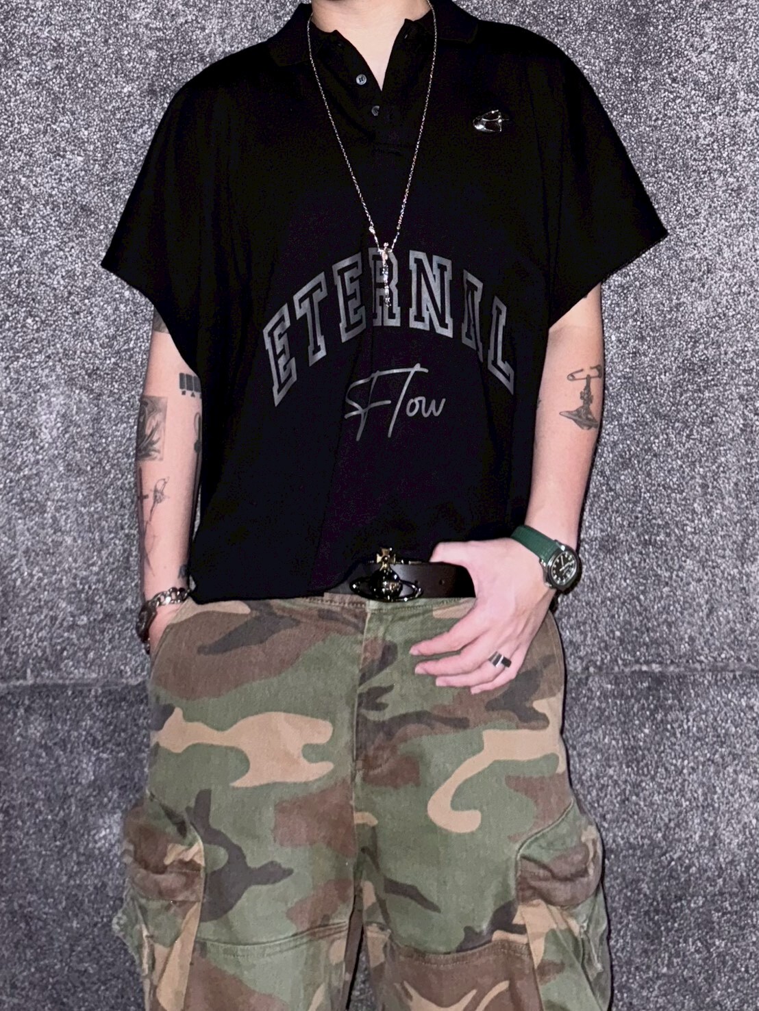 ETERNAL 限定款 立體金屬 黑灰字體Logo Boxy寬短背心 polo短袖 蝙蝠袖