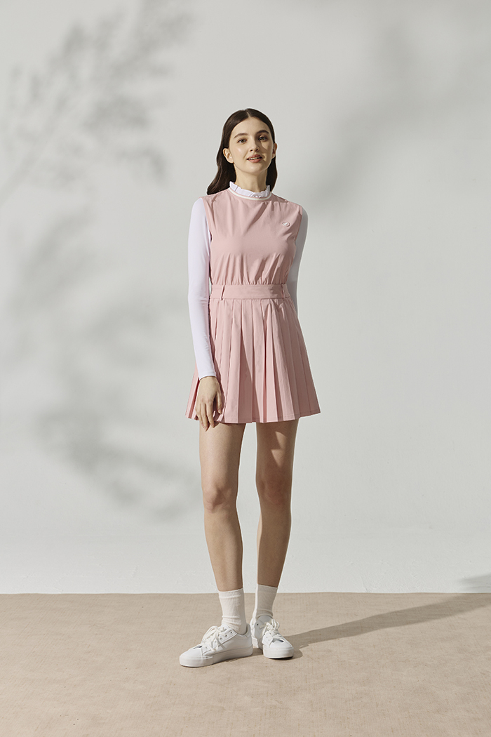 英式皺褶邊領百褶洋裝(背心洋裝)-奶油粉