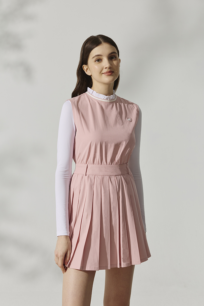 英式皺褶邊領百褶洋裝(背心洋裝)-奶油粉