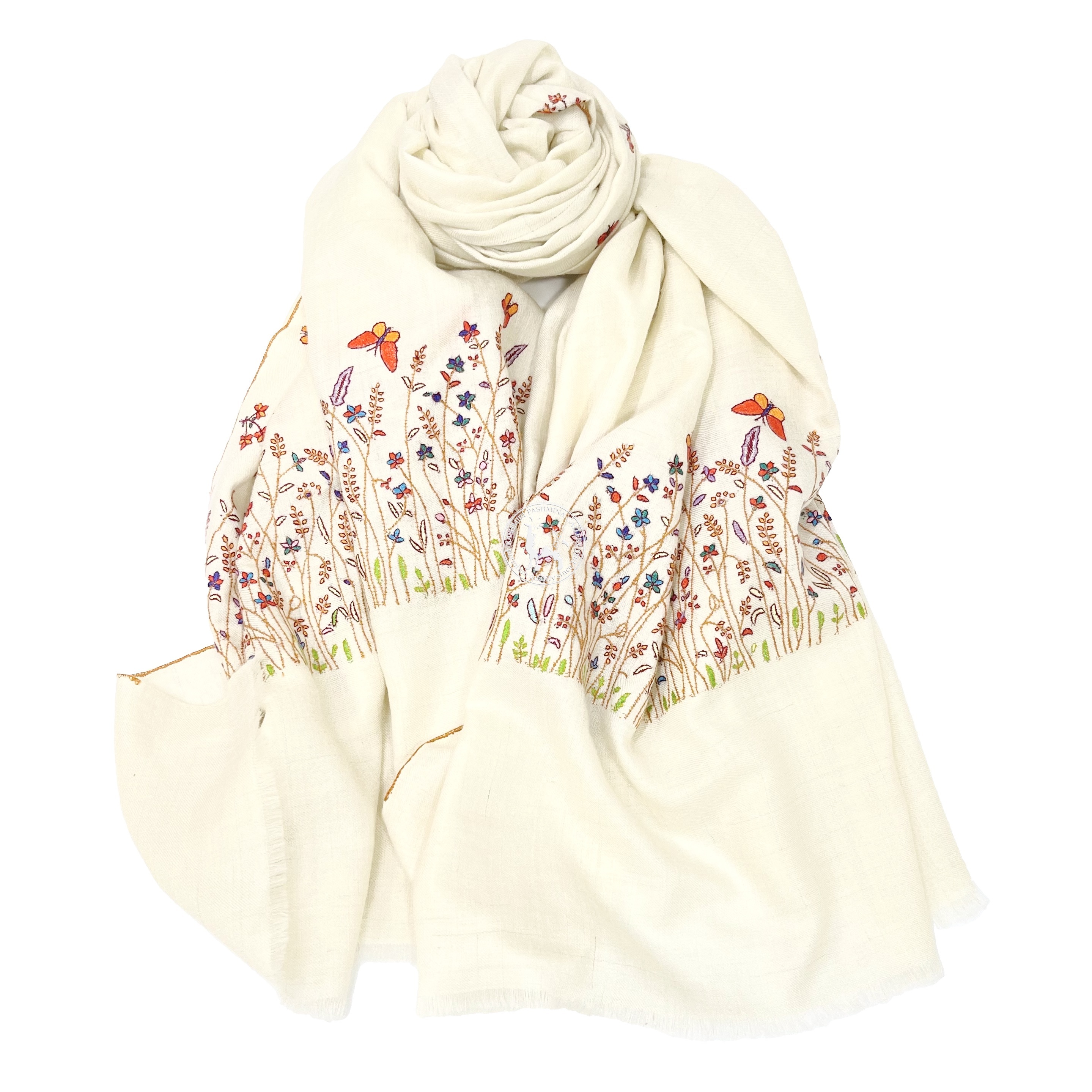 天然米白色索茲尼刺繡羊絨披肩圍巾