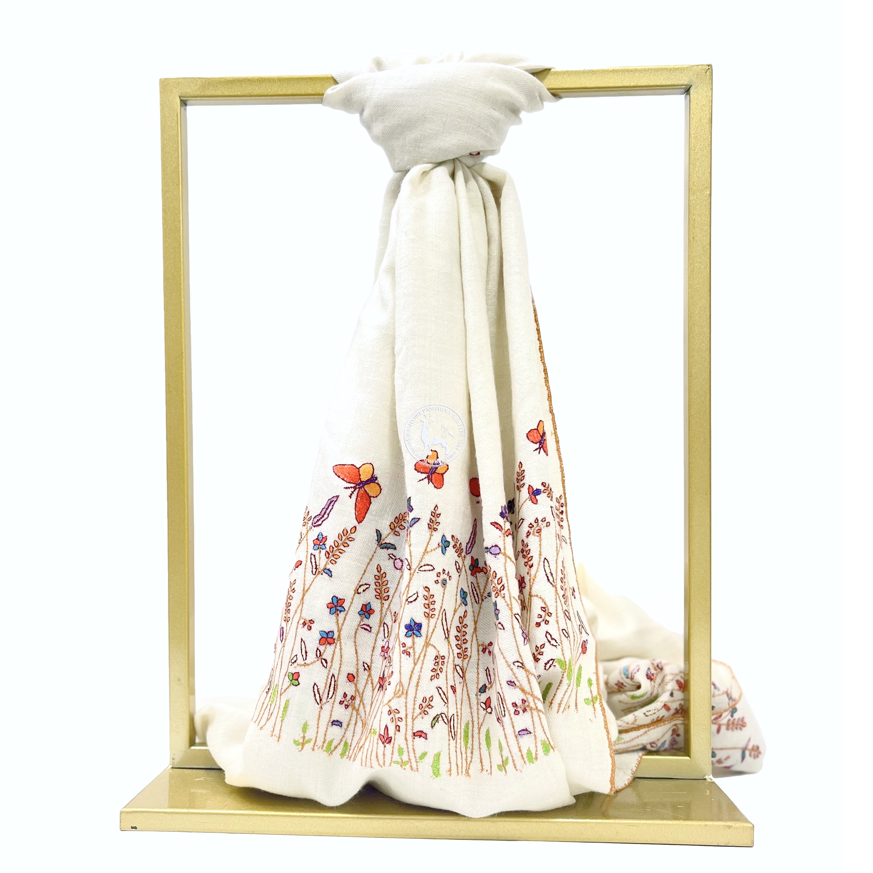 天然米白色索茲尼刺繡羊絨披肩圍巾