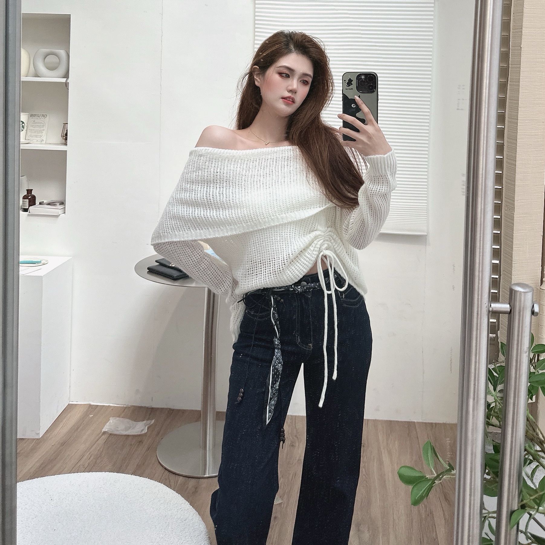 慵懶一字領側抽繩針織上衣/三色