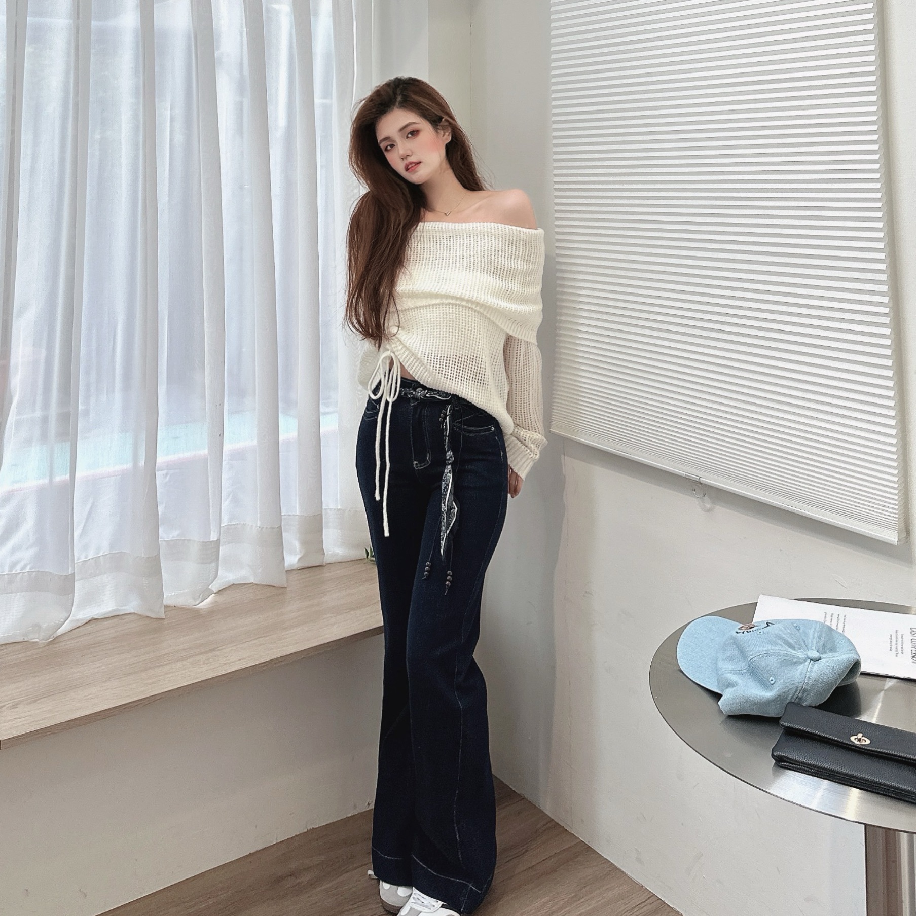 慵懶一字領側抽繩針織上衣/三色