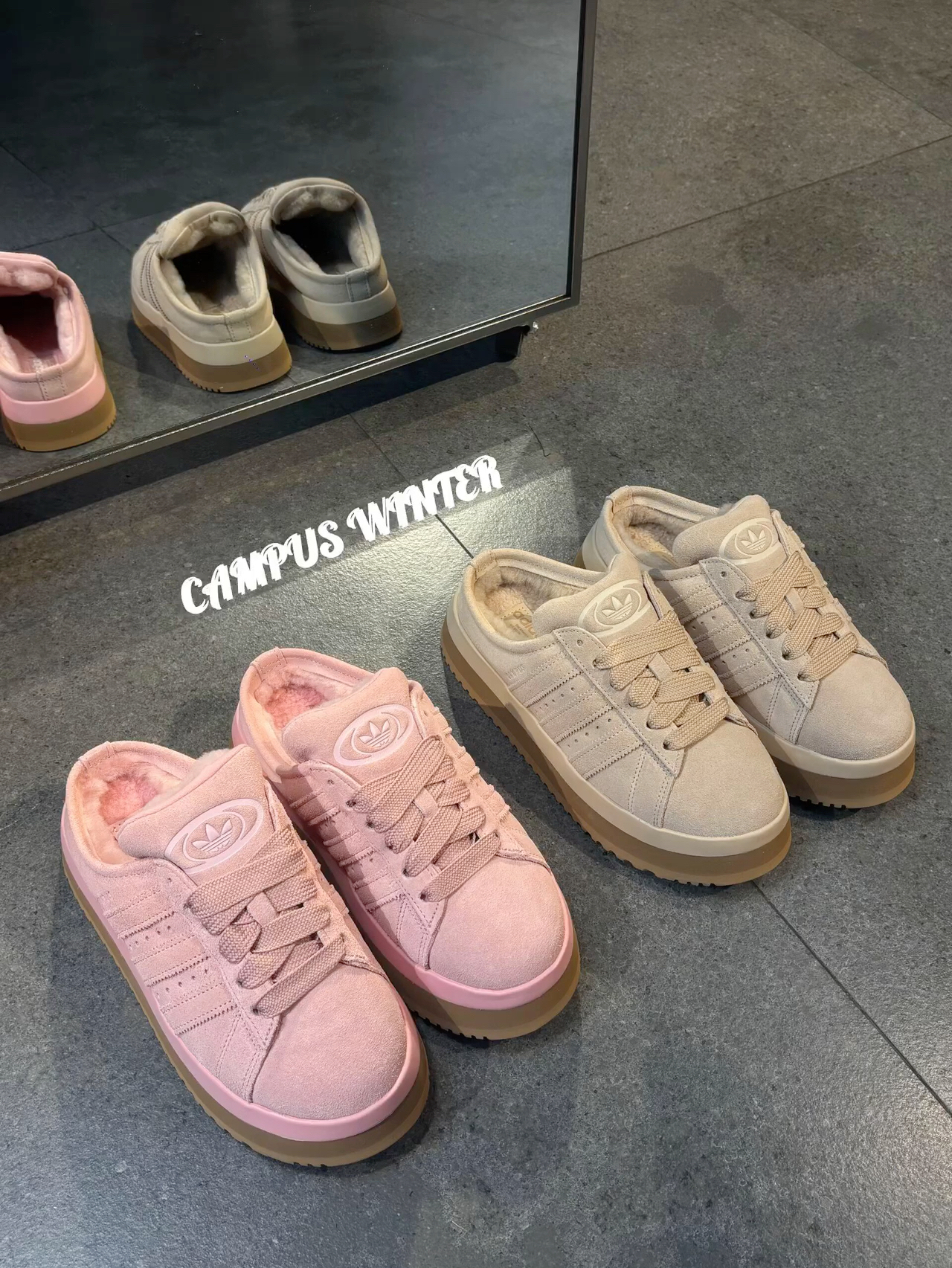 代購-adidas originals  CAMPUS 00s 包腳拖鞋 加絨 女款 米/粉