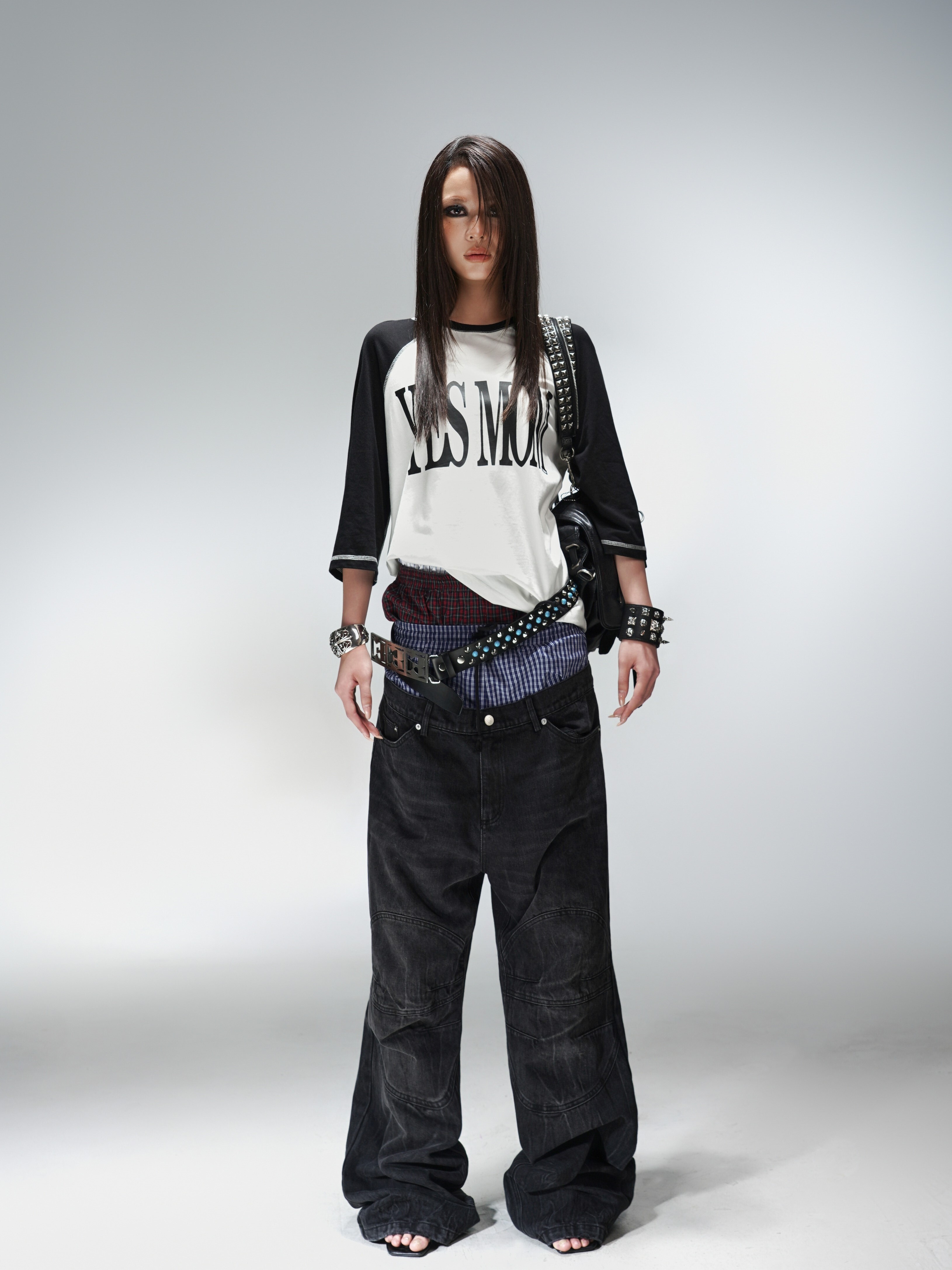 PCCVISION 3MAN0N striped double waist stitching washed distressed loose jeans