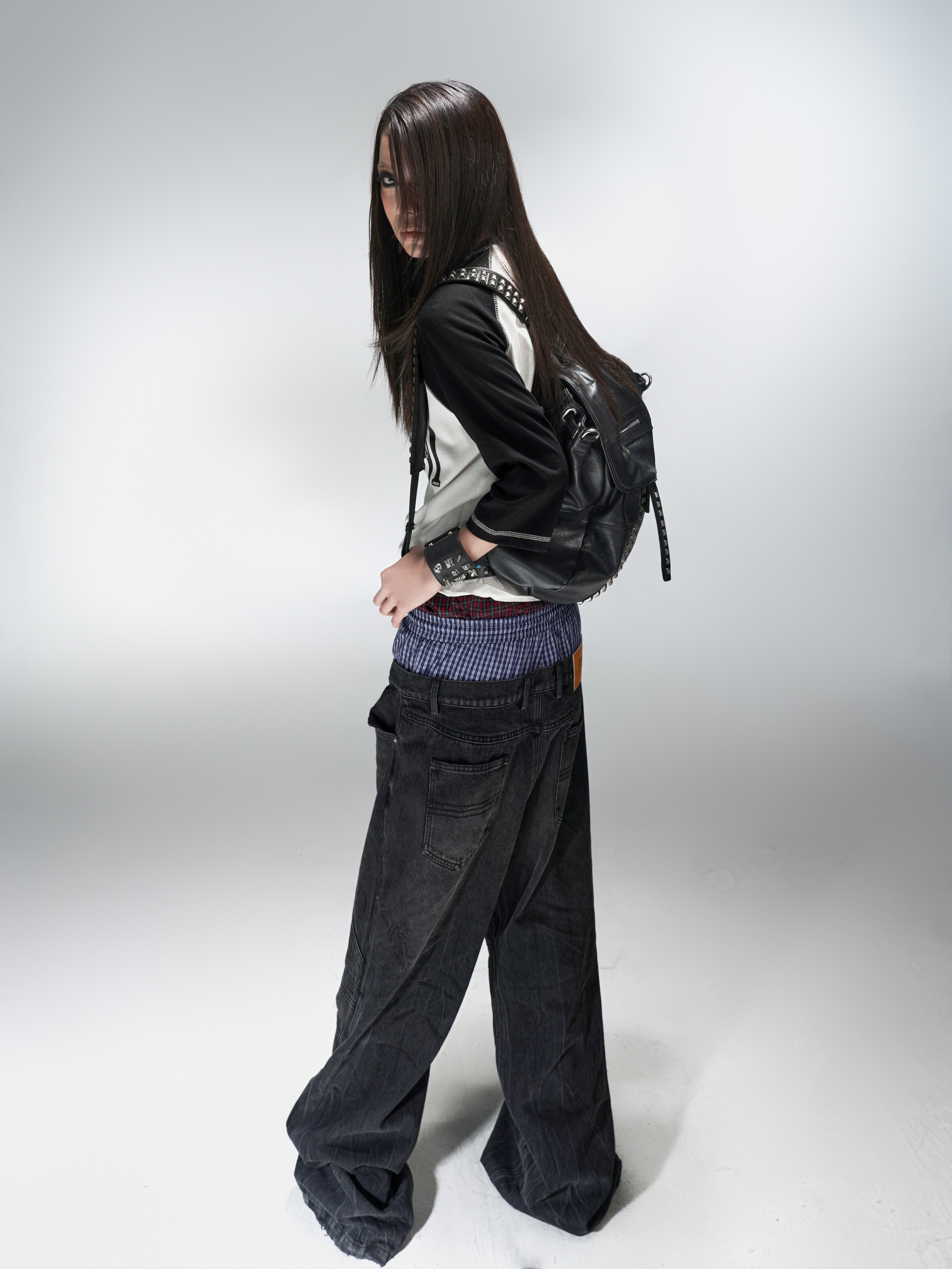 PCCVISION 3MAN0N striped double waist stitching washed distressed loose jeans