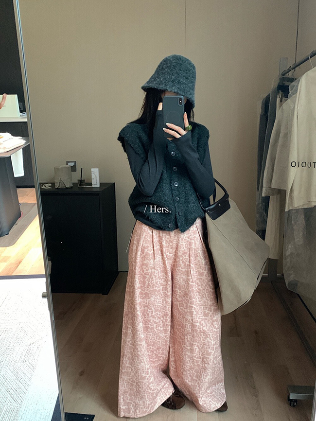 粉紅豹紋闊腿寬寬褲-預購