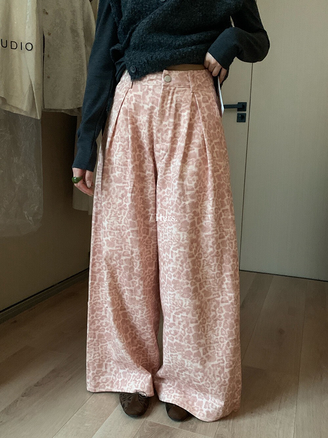 粉紅豹紋闊腿寬寬褲-預購