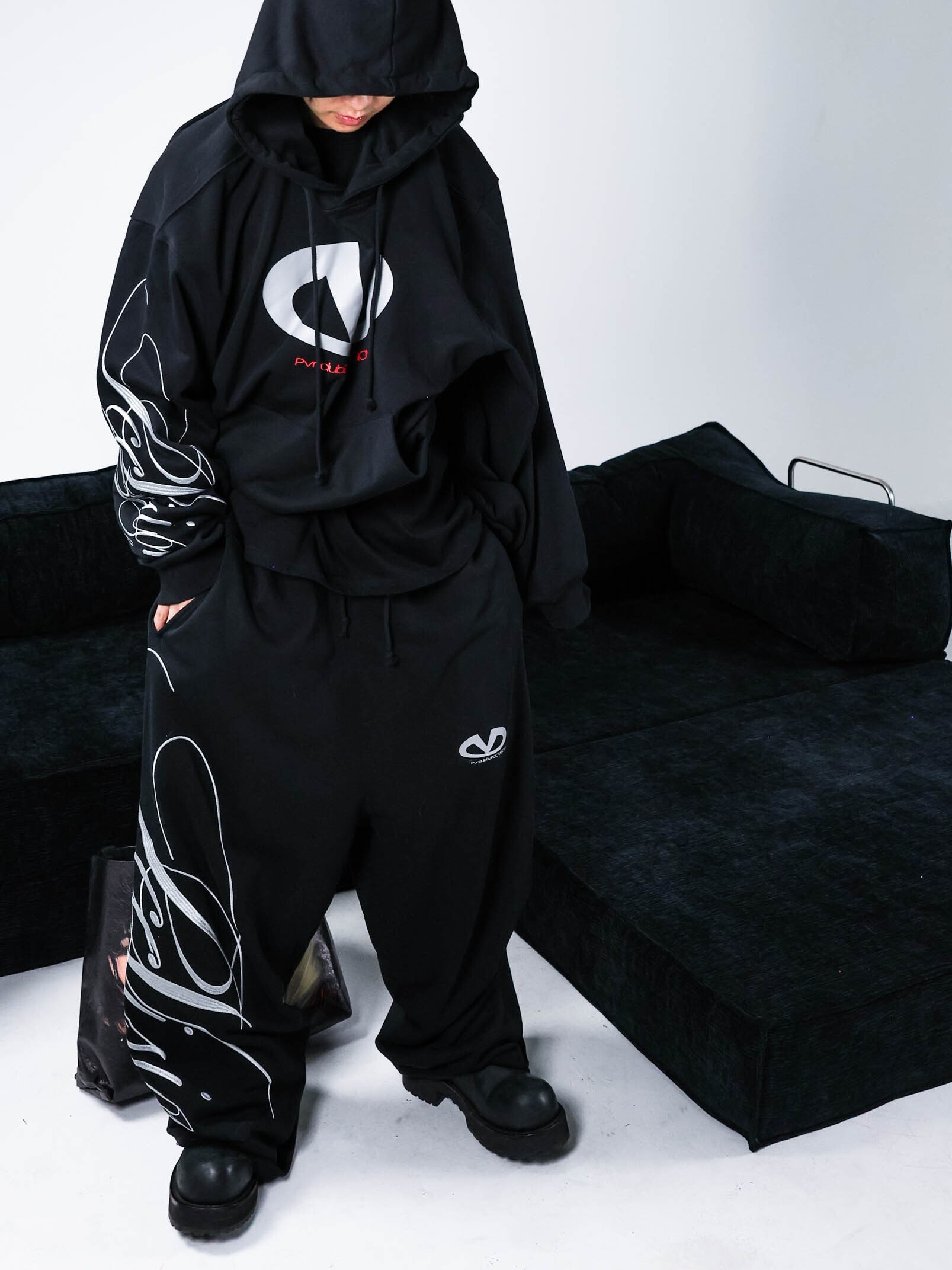 PCCVISION PVNCLUB letter embroidery print oversize loose hooded T-shirt