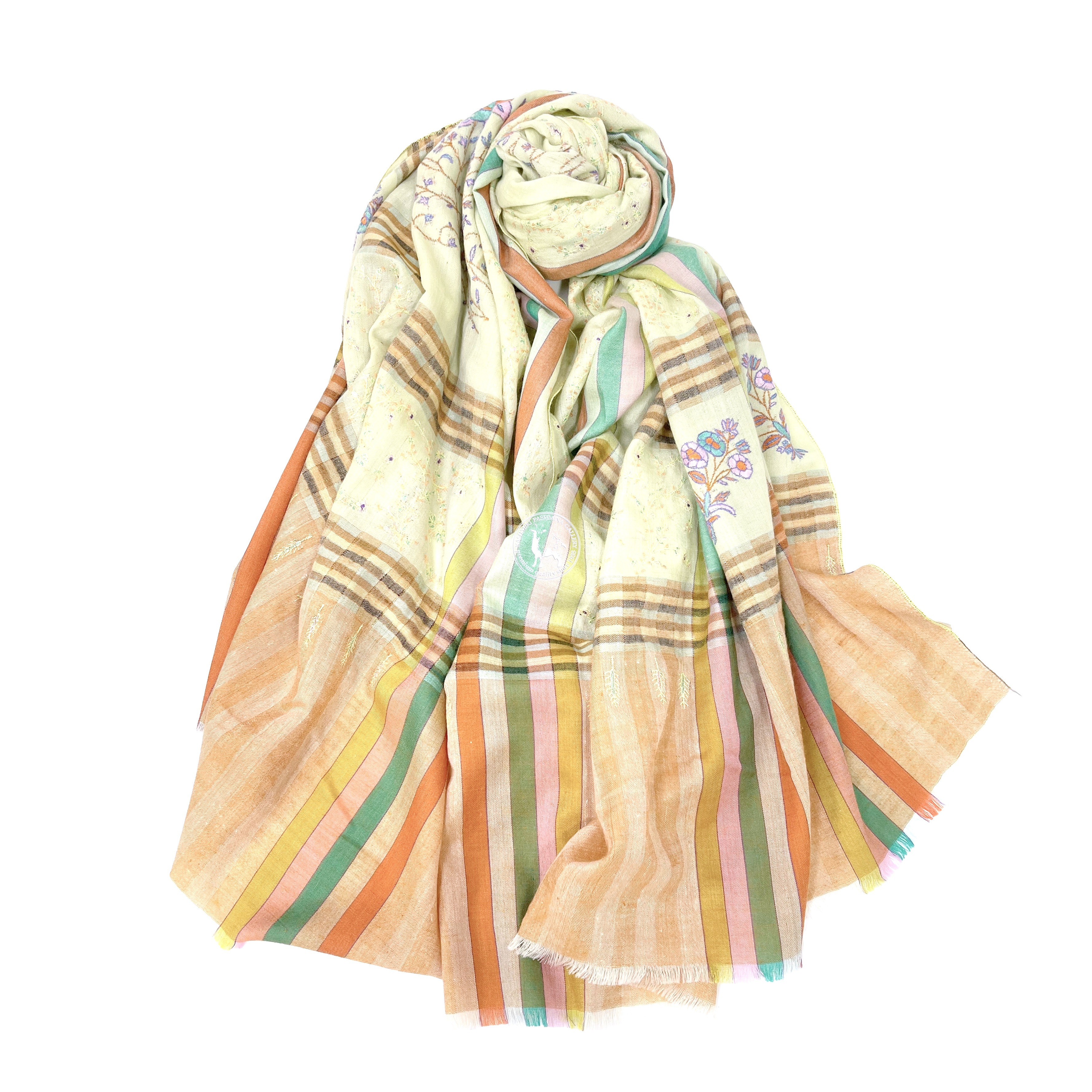 霧黃色卡尼小格圖案索茲尼刺繡羊絨圍巾