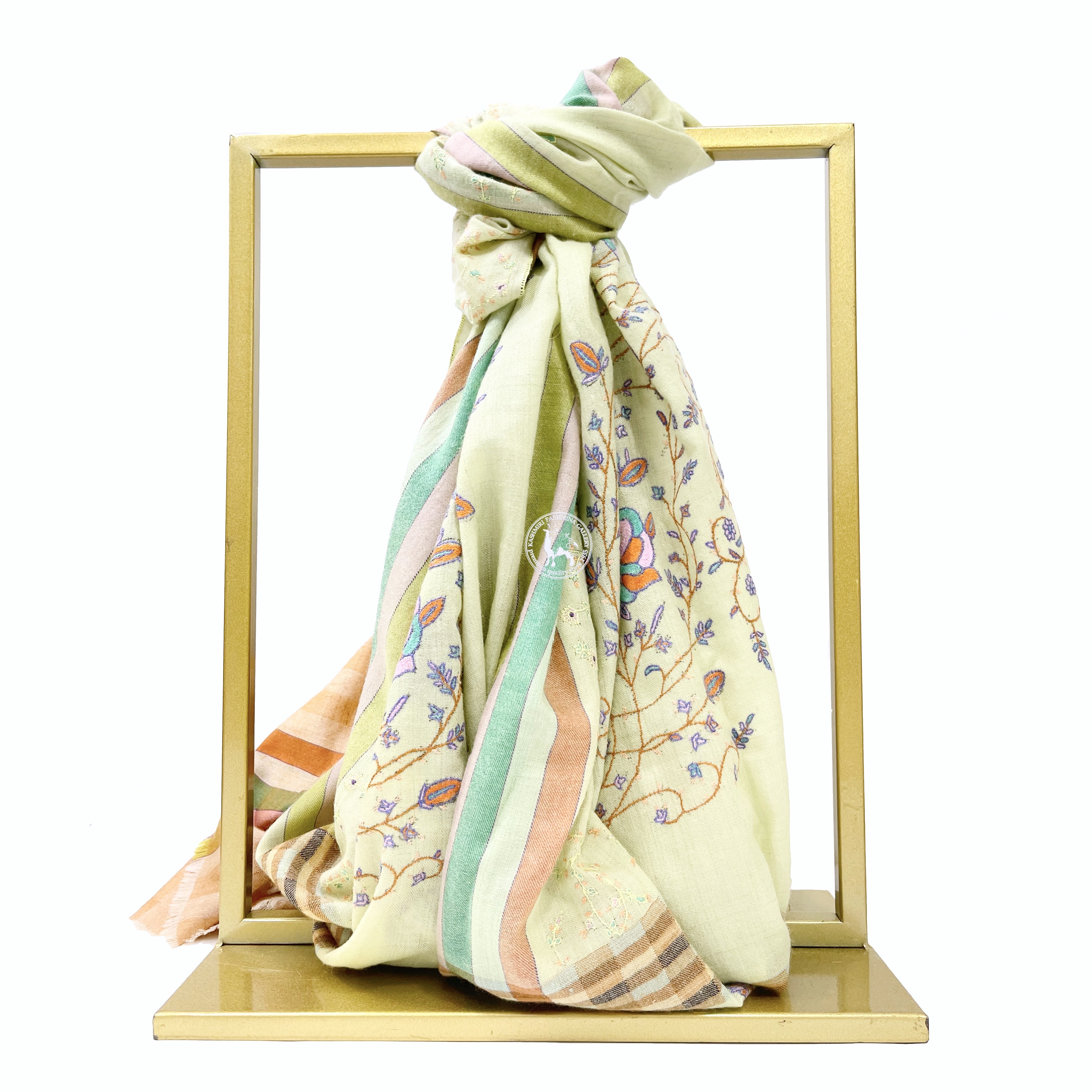 霧黃色卡尼小格圖案索茲尼刺繡羊絨圍巾