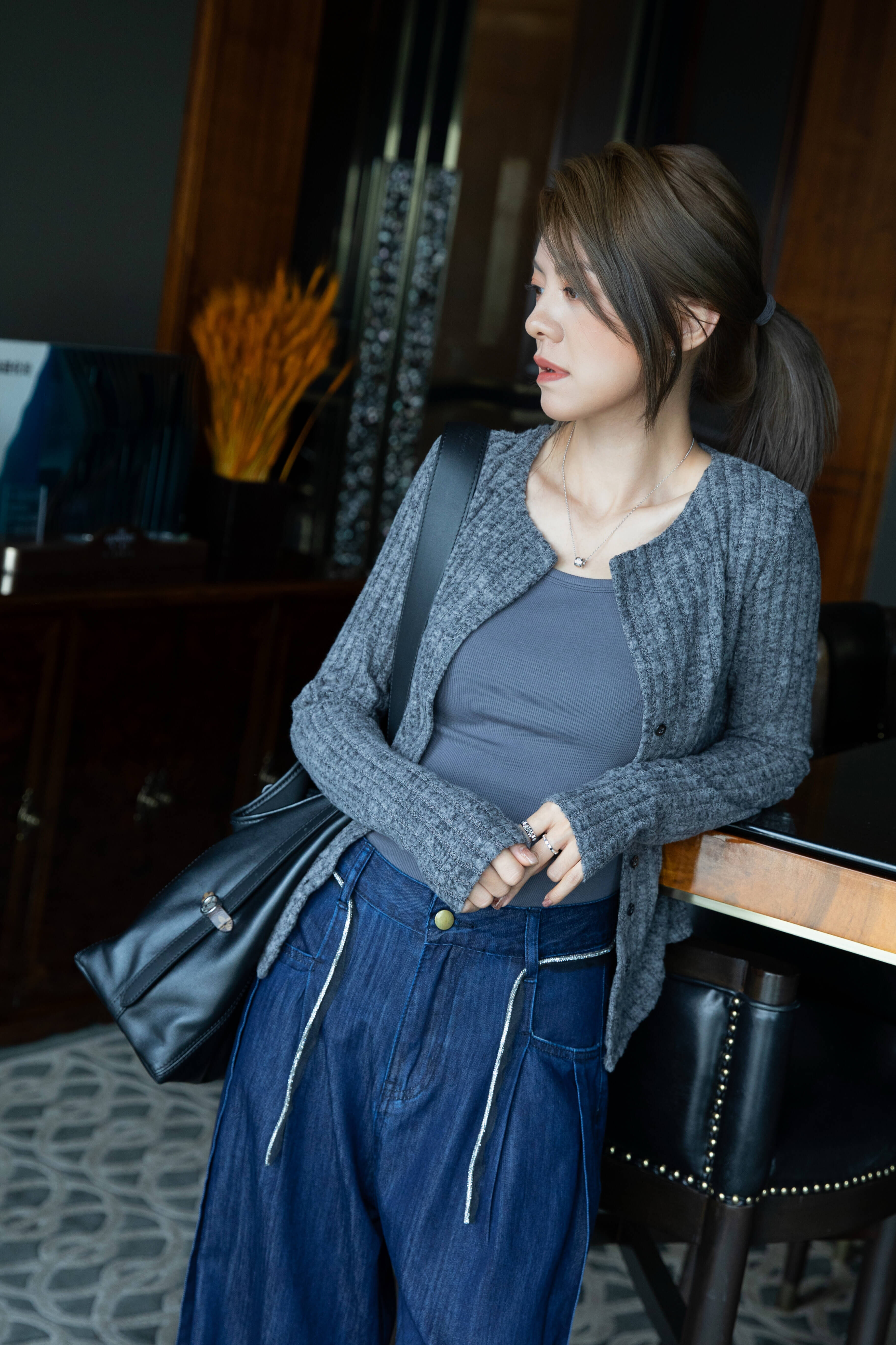 Ruched Waist Fitted Button-Up Knit Top_TP243L04