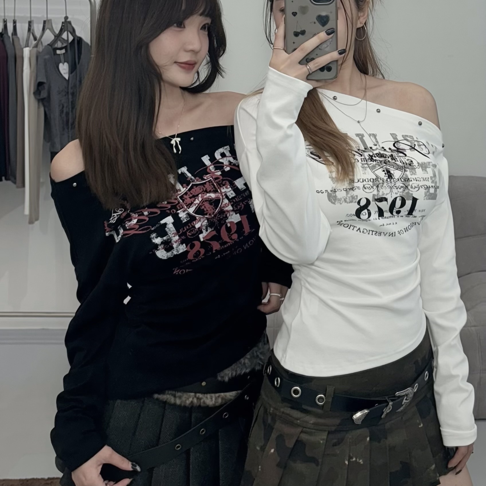 1978復古印花領鉚釘斜領長T