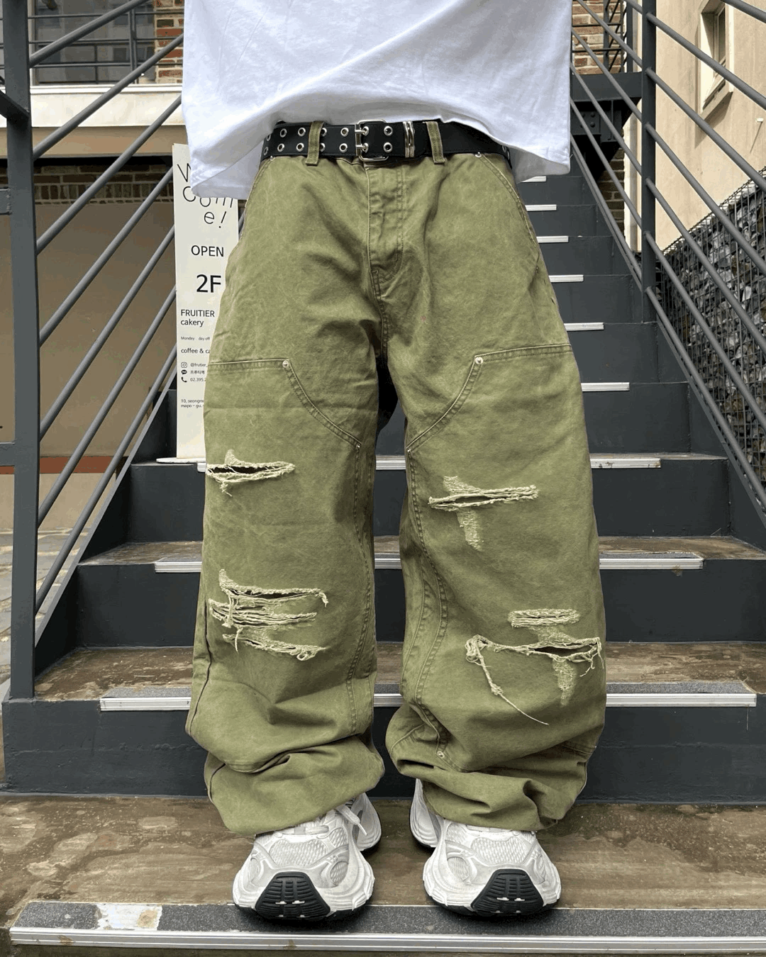 雙膝破洞工裝褲