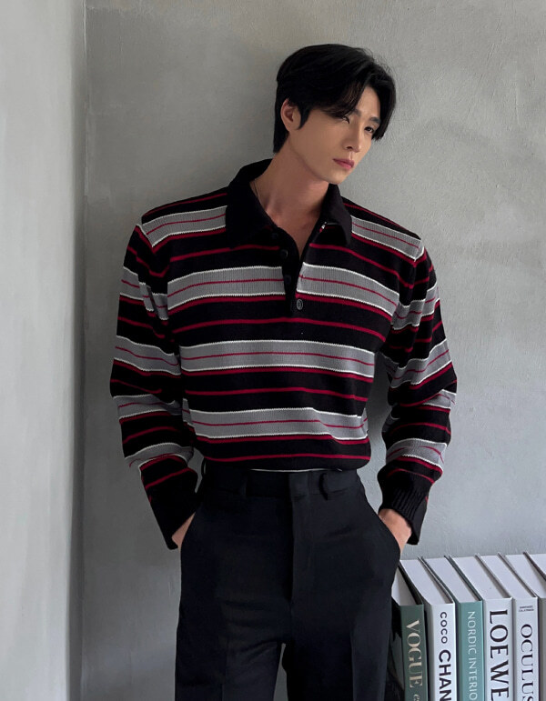 條紋配色鈕扣翻領針織衫