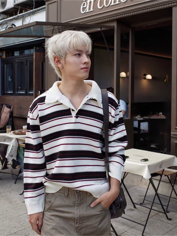 條紋配色鈕扣翻領針織衫