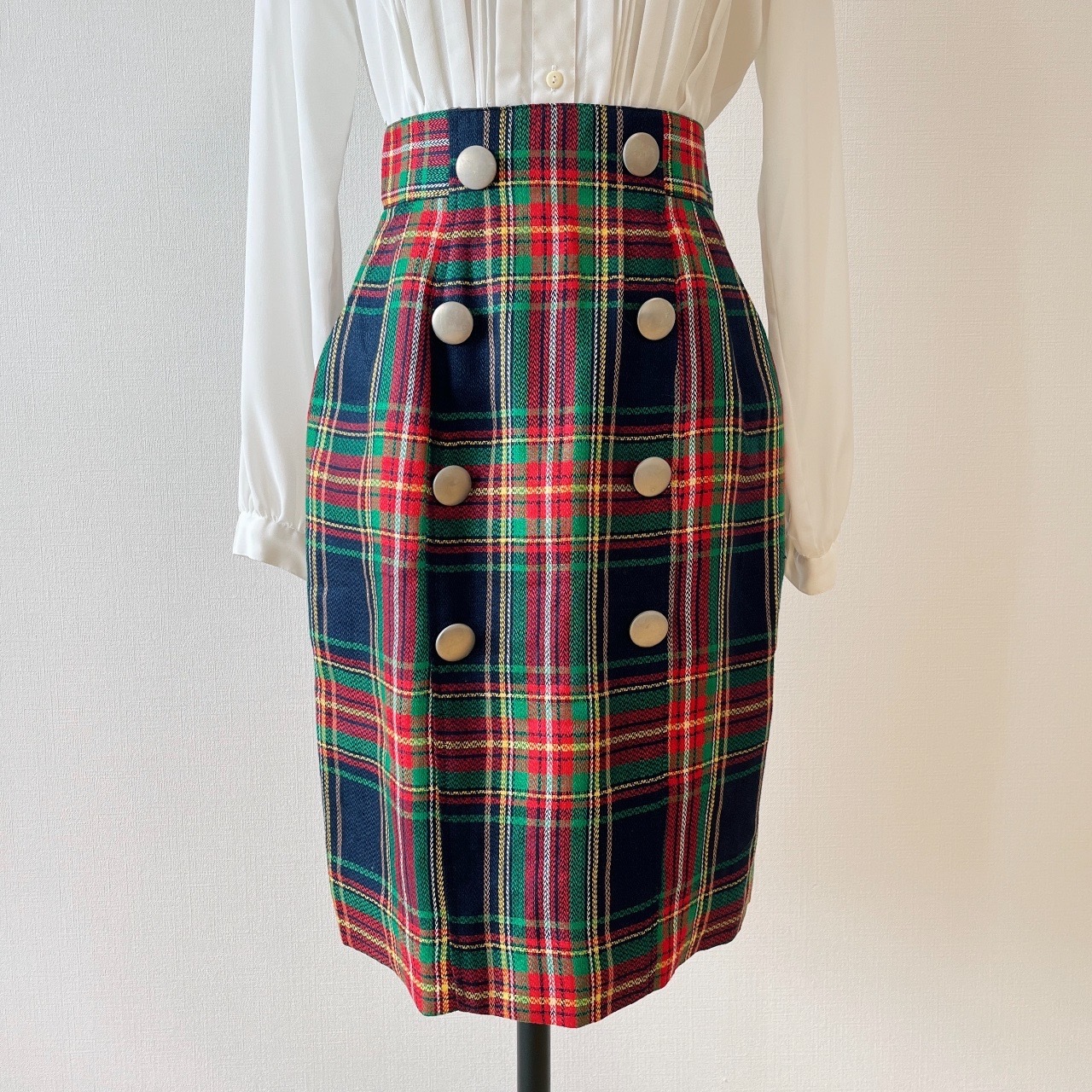 日本製雙排鈕扣麻質格紋半裙