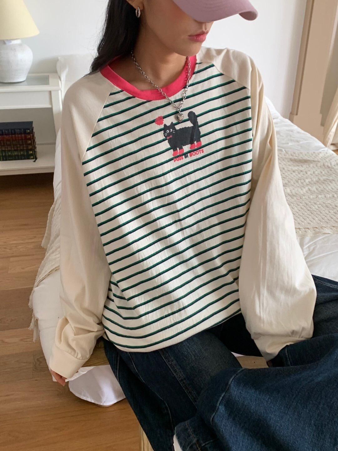 拼橫間貓仔圖案長袖衫 MB-020T