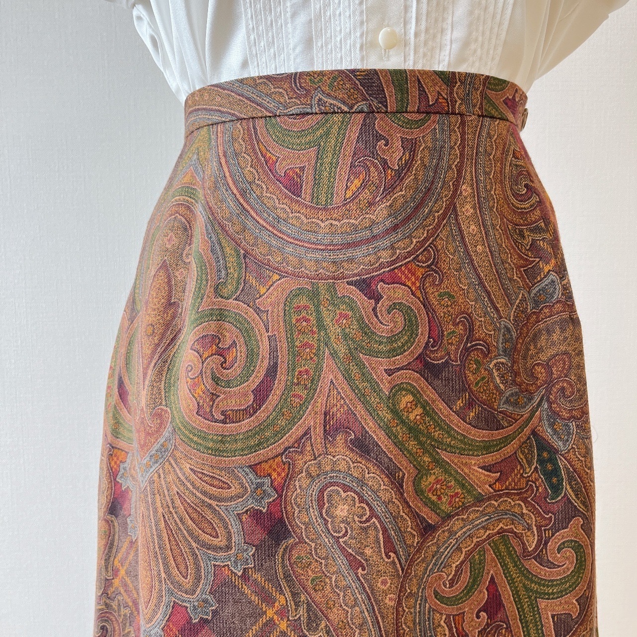 SCAPA暗紅色格紋華麗圖騰羊毛半裙