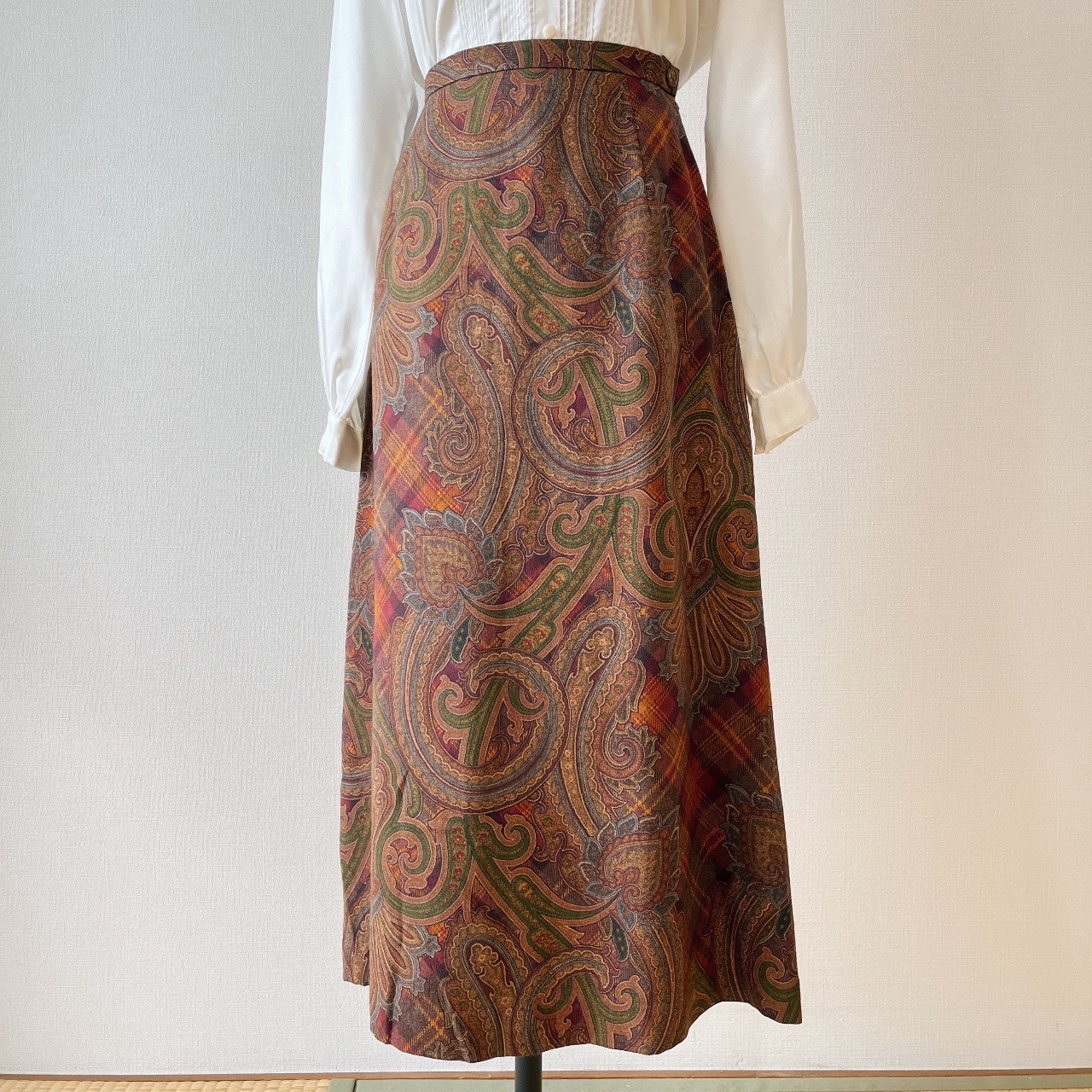 SCAPA暗紅色格紋華麗圖騰羊毛半裙