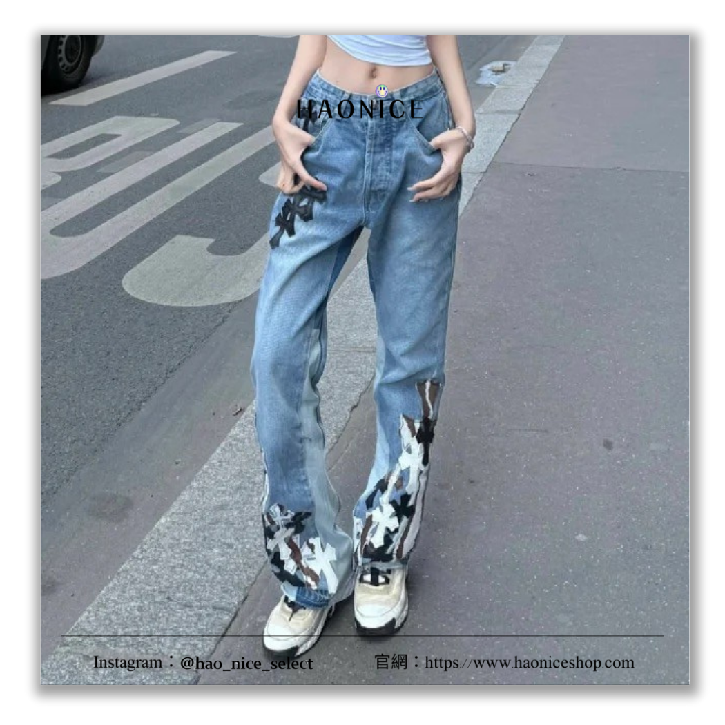 【HAO NICE】100%正品 CHROME HEARTS 潮流精品🔥經典十字架皮革拼布牛仔褲 長褲