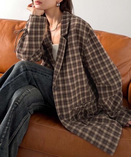 日本🇯🇵連線 Mily Bilet 時尚拉絨格紋西裝外套 綁帶 緞帶 蝴蝶結 長袖 格子 格紋 西裝外套 3色(任買兩件711免運)/預購