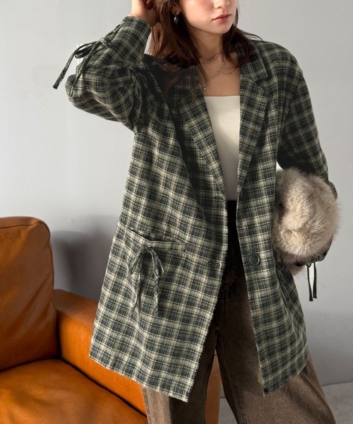 日本🇯🇵連線 Mily Bilet 時尚拉絨格紋西裝外套 綁帶 緞帶 蝴蝶結 長袖 格子 格紋 西裝外套 3色(任買兩件711免運)/預購