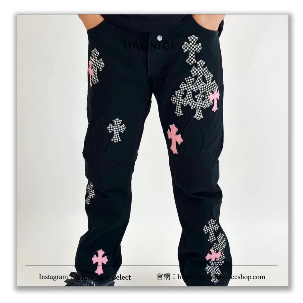 【HAO NICE】100%正品 CHROME HEARTS 潮流精品🔥格紋十字架皮革拼布牛仔褲 長褲
