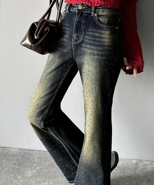 日本🇯🇵連線 Mily Bilet 閃亮亮鑲鑽牛仔喇叭褲 喇叭褲 牛仔褲 寶石 鑽石 復古 作舊 3色(任買兩件711免運)/預購