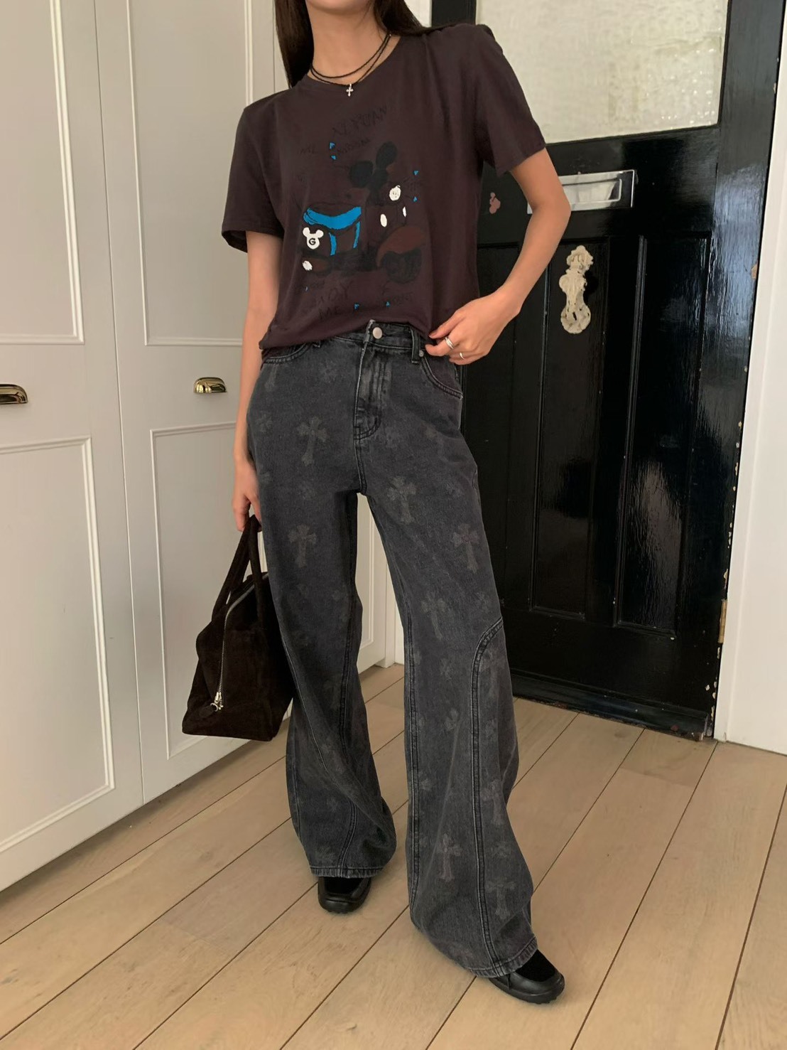 十字架灰黑牛仔長褲