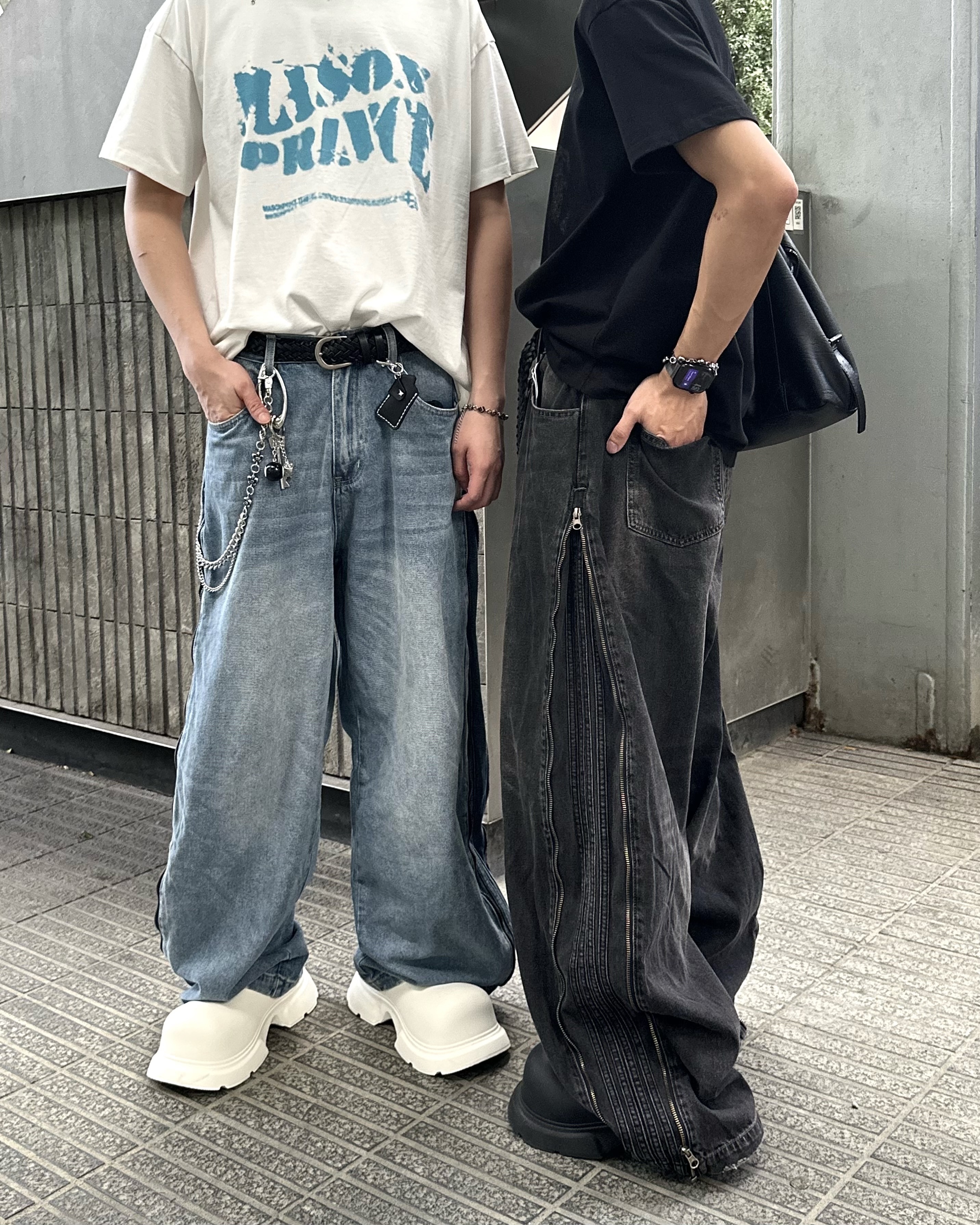 𝐇·𝐓·𝐒 韓國 暗藏玄機 側拉鍊 調節 復古水洗 刷白 落地 牛仔 長褲