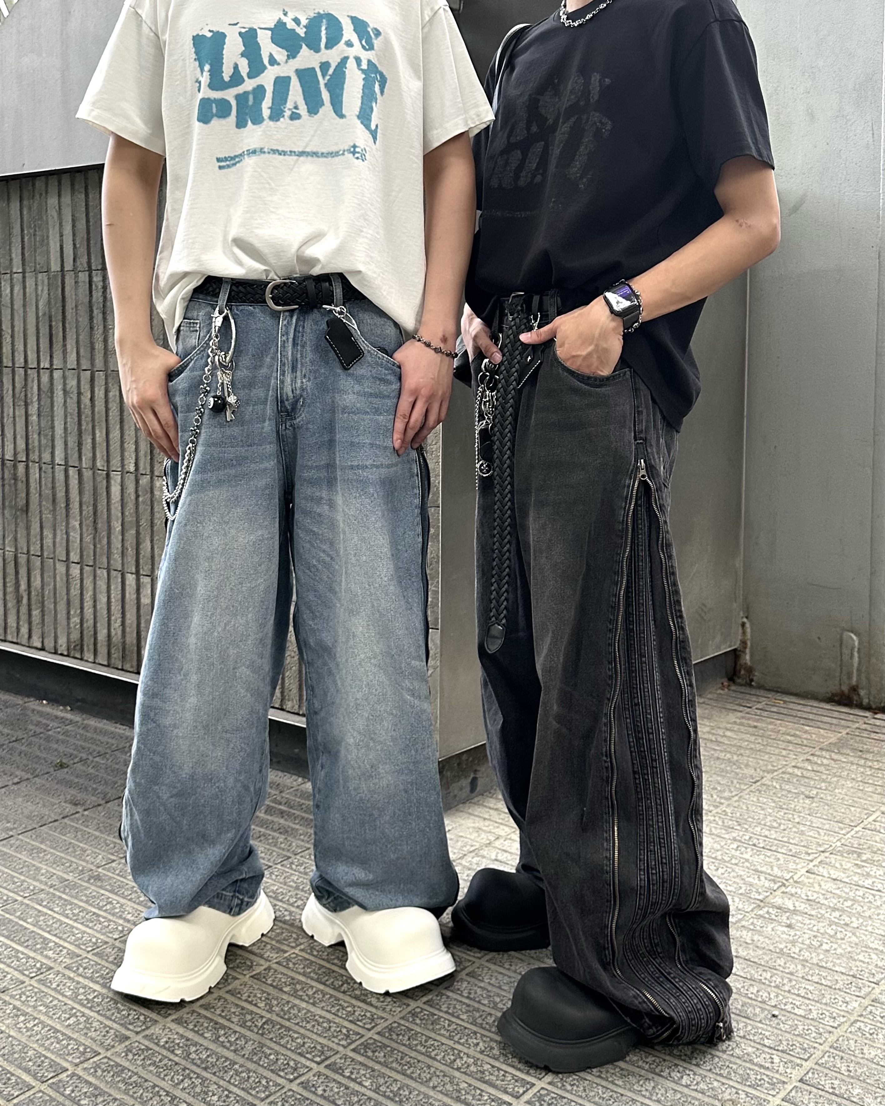 𝐇·𝐓·𝐒 韓國 暗藏玄機 側拉鍊 調節 復古水洗 刷白 落地 牛仔 長褲