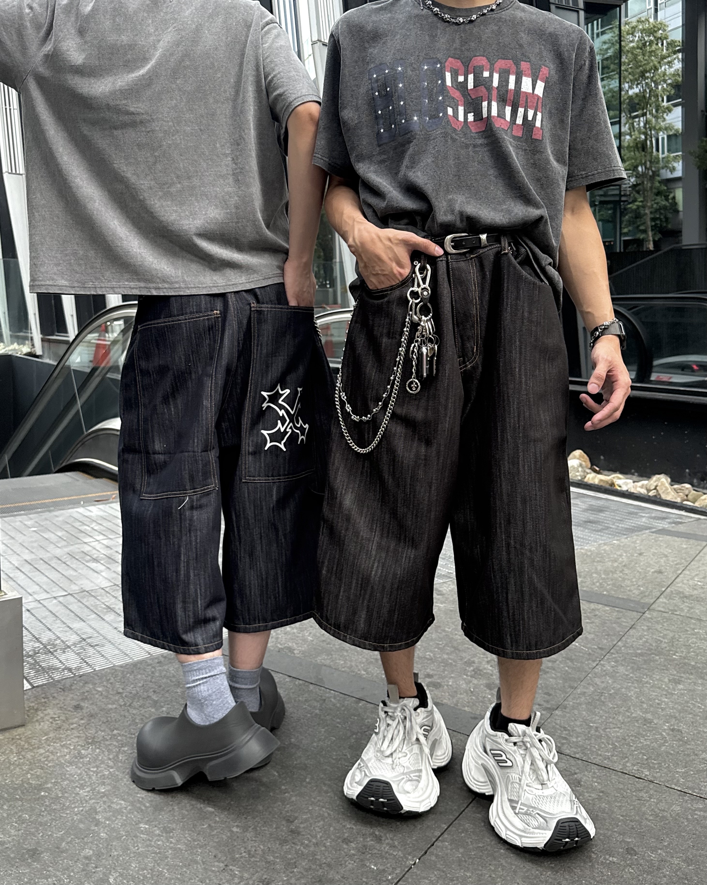 𝐇·𝐓·𝐒 韓國 荊棘十字 原牛丹寧 素面 木紋 復古 膝下八分 牛仔 短褲