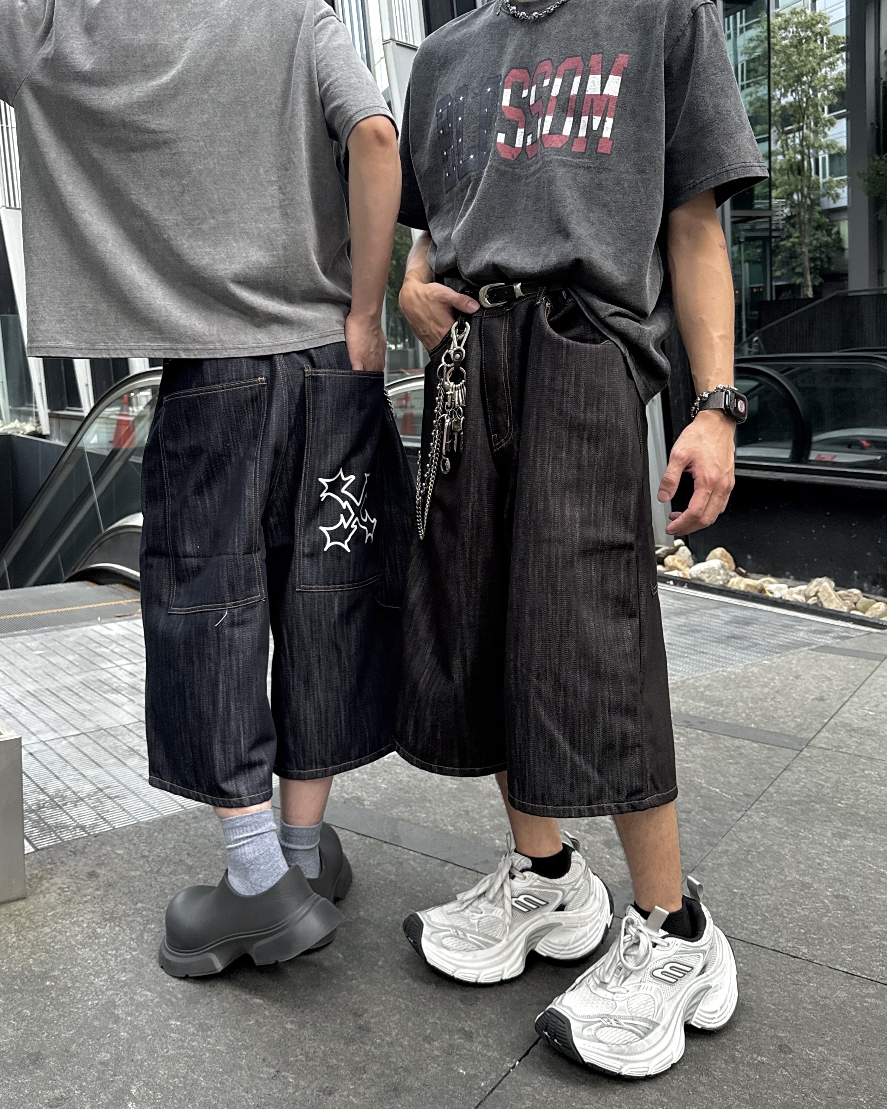 𝐇·𝐓·𝐒 韓國 荊棘十字 原牛丹寧 素面 木紋 復古 膝下八分 牛仔 短褲