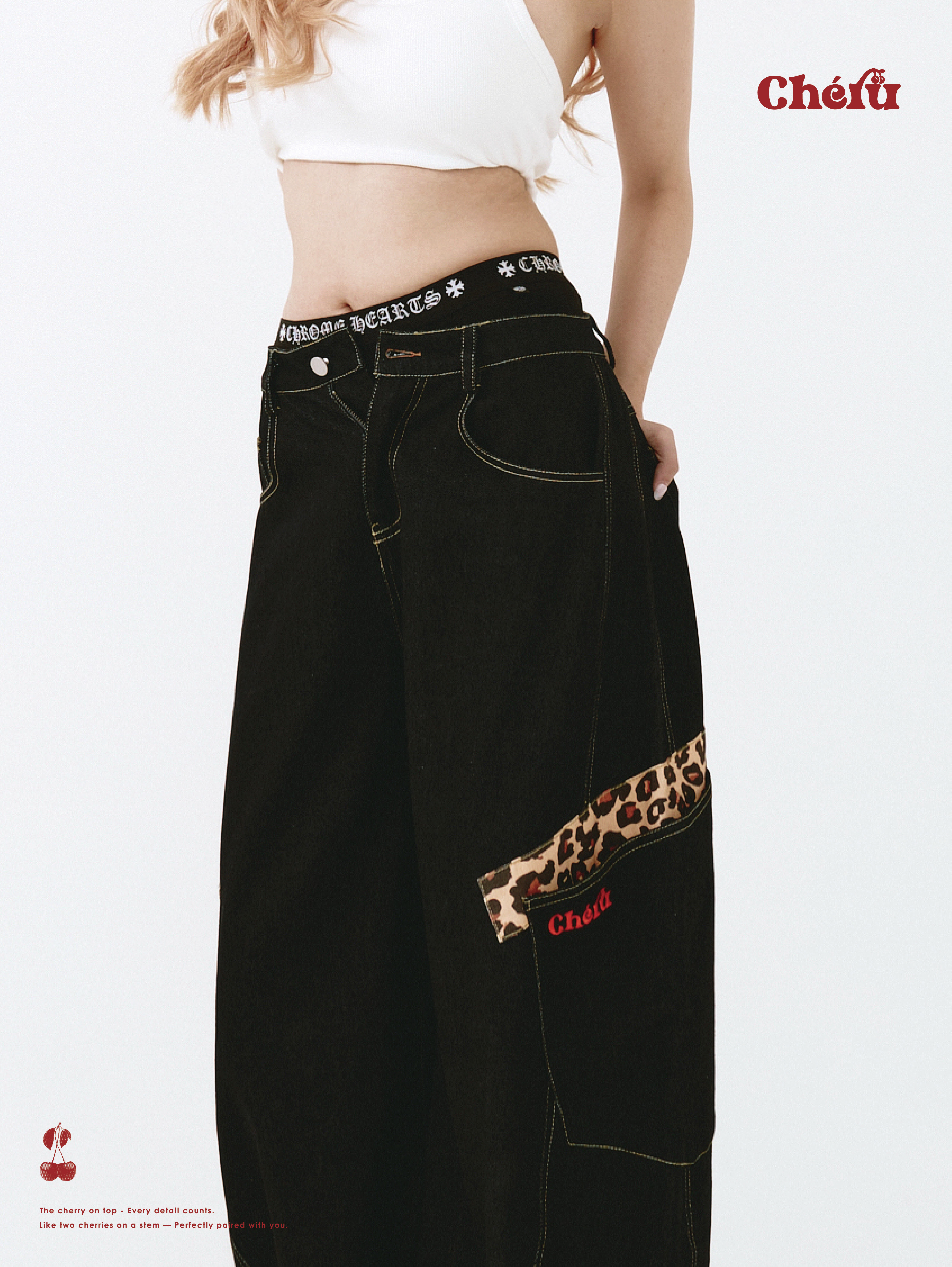 櫻桃 藍 豹紋牛仔藍彎刀褲