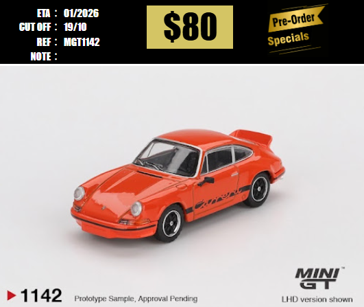 PO-$80 * MINI GT * 1:64 1142 Porsche 911 Carrera RS 2.7 Tangerine with Black Livery RHD [OD09/10]